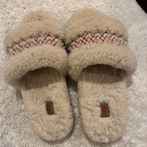 UGG Women's Tan Shearling Slippers with Red Accents